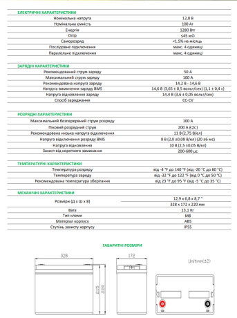 Акумулятор LiFePO4 EverExceed LDP 12-100 (12.8V100AH)